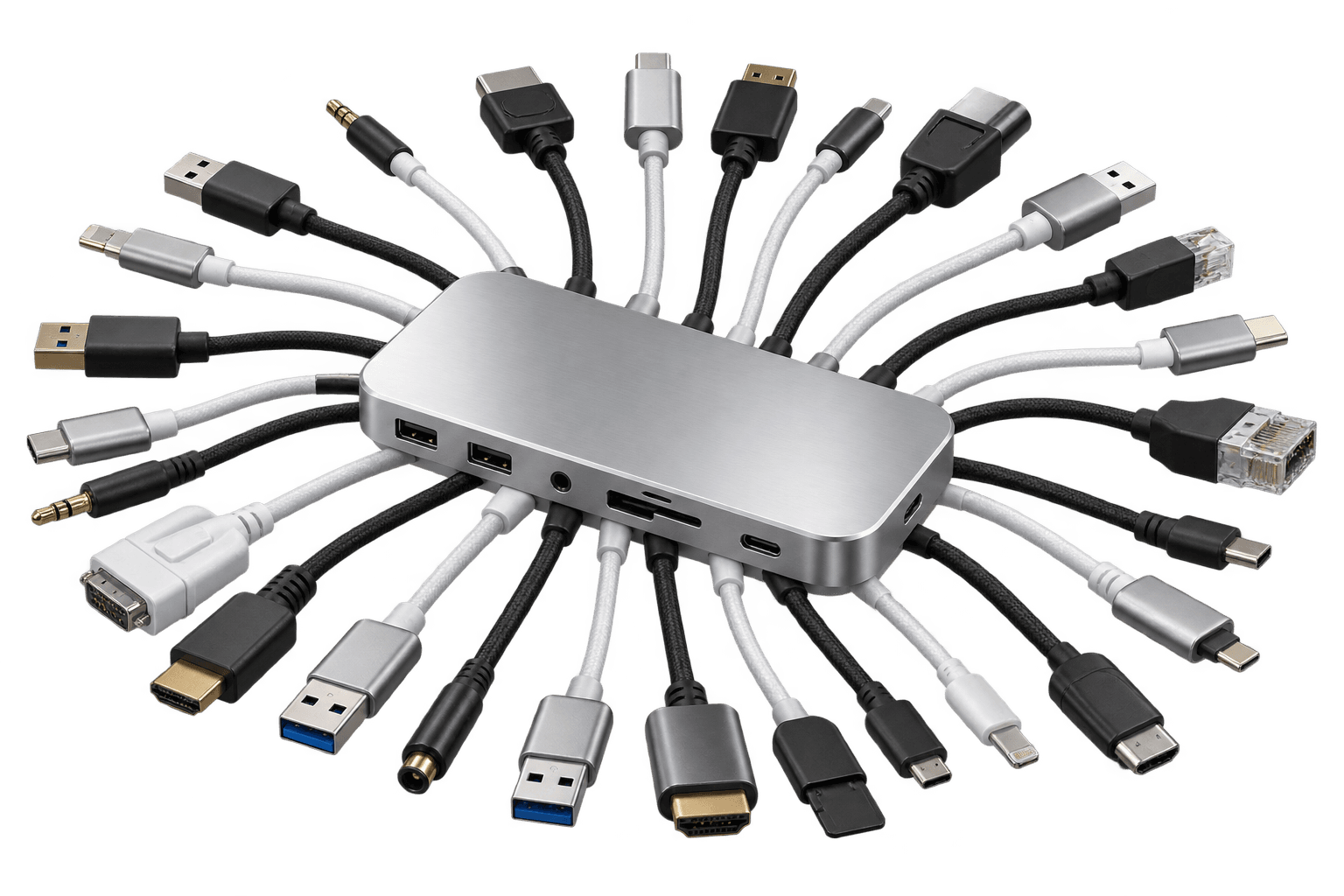 An absurd silver hub surrounded by a mess of adapter cables