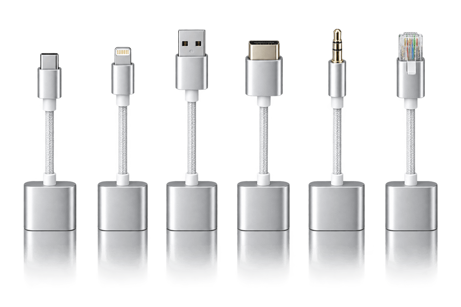 Six premium silver dongles in a product lineup