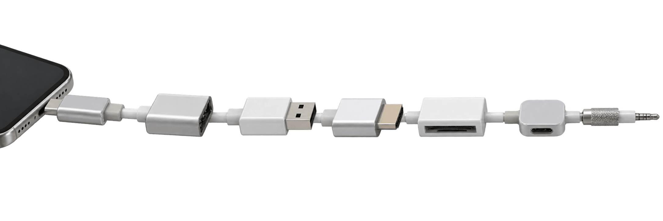 A phone connected through an endless horizontal chain of adapters