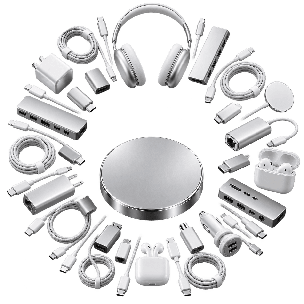 A circular ecosystem made of adapters around a silver hub