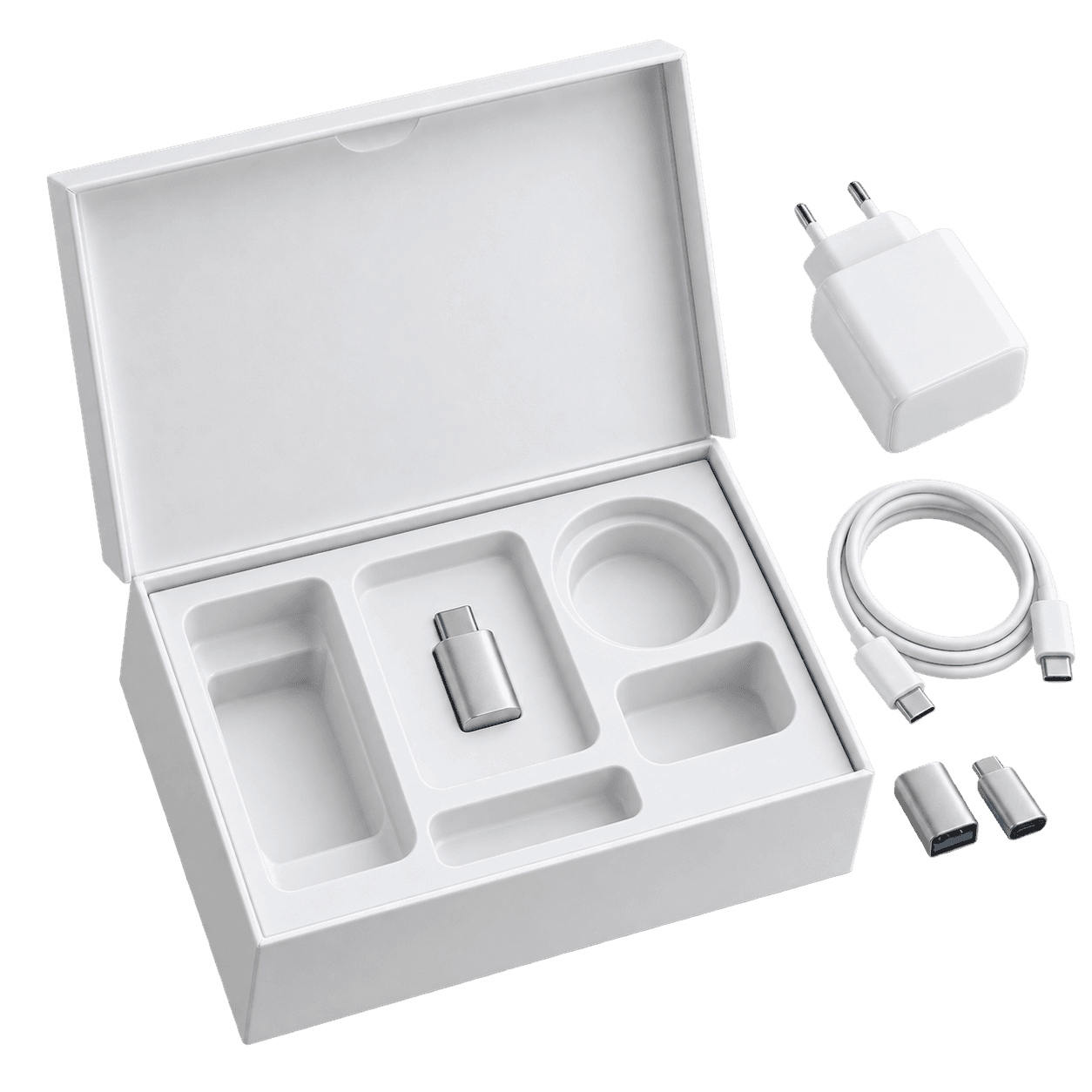 An open product box with mostly empty accessory compartments
